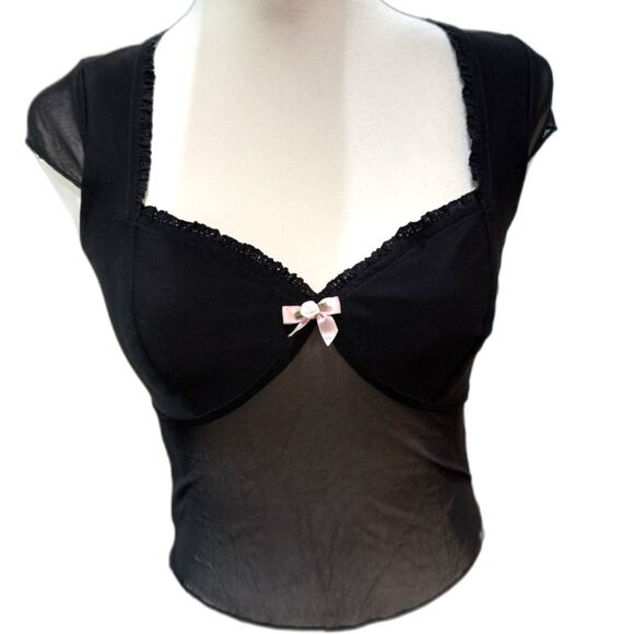 Edikted Black Sheer Mesh Lace Trim Bow Crop Top Y2K Coquette Core Size XS NWT - Picture 1 of 9